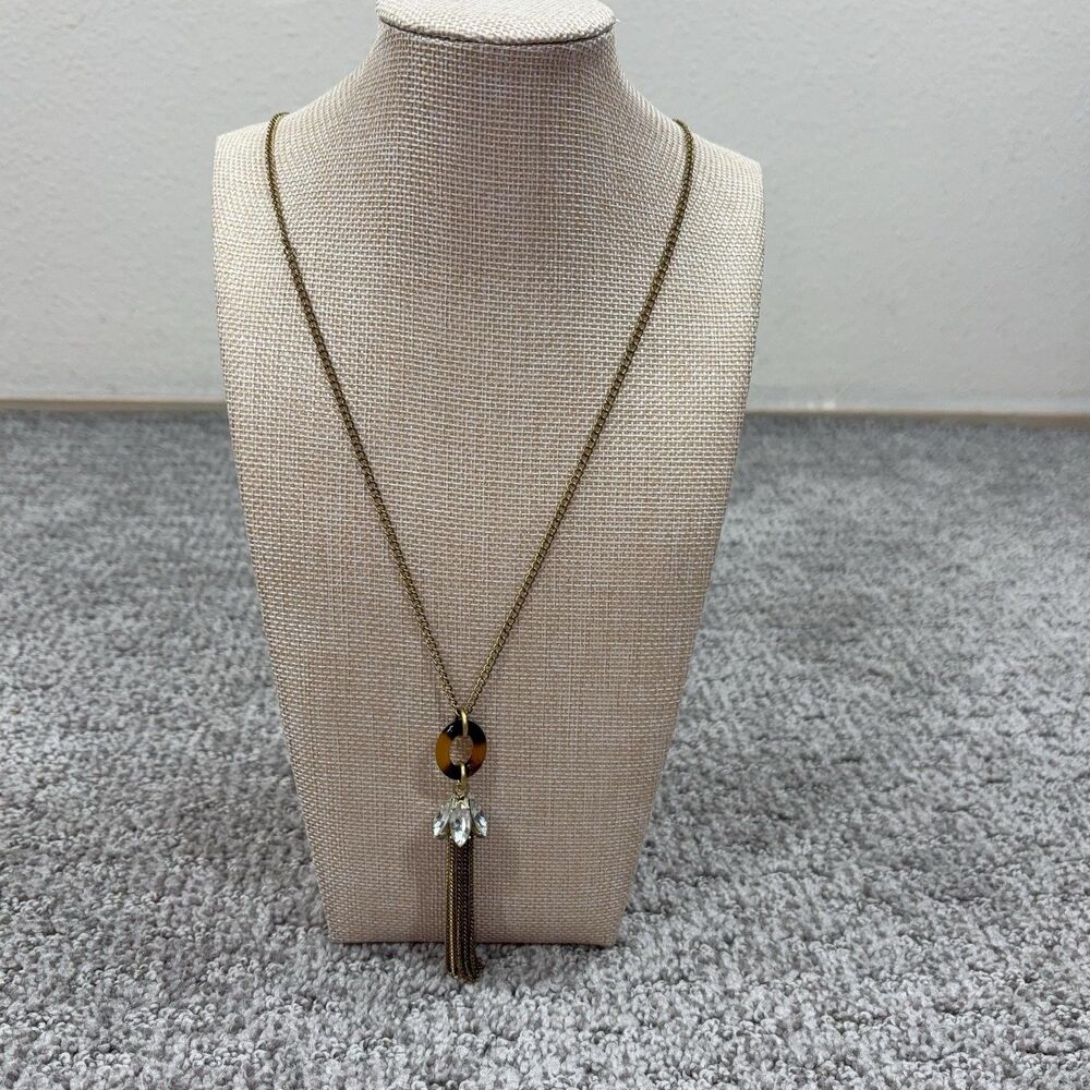 J Crew Necklace Tortoise Crystal Tassel Pendant Gold Tone Womens Jewelry Signed